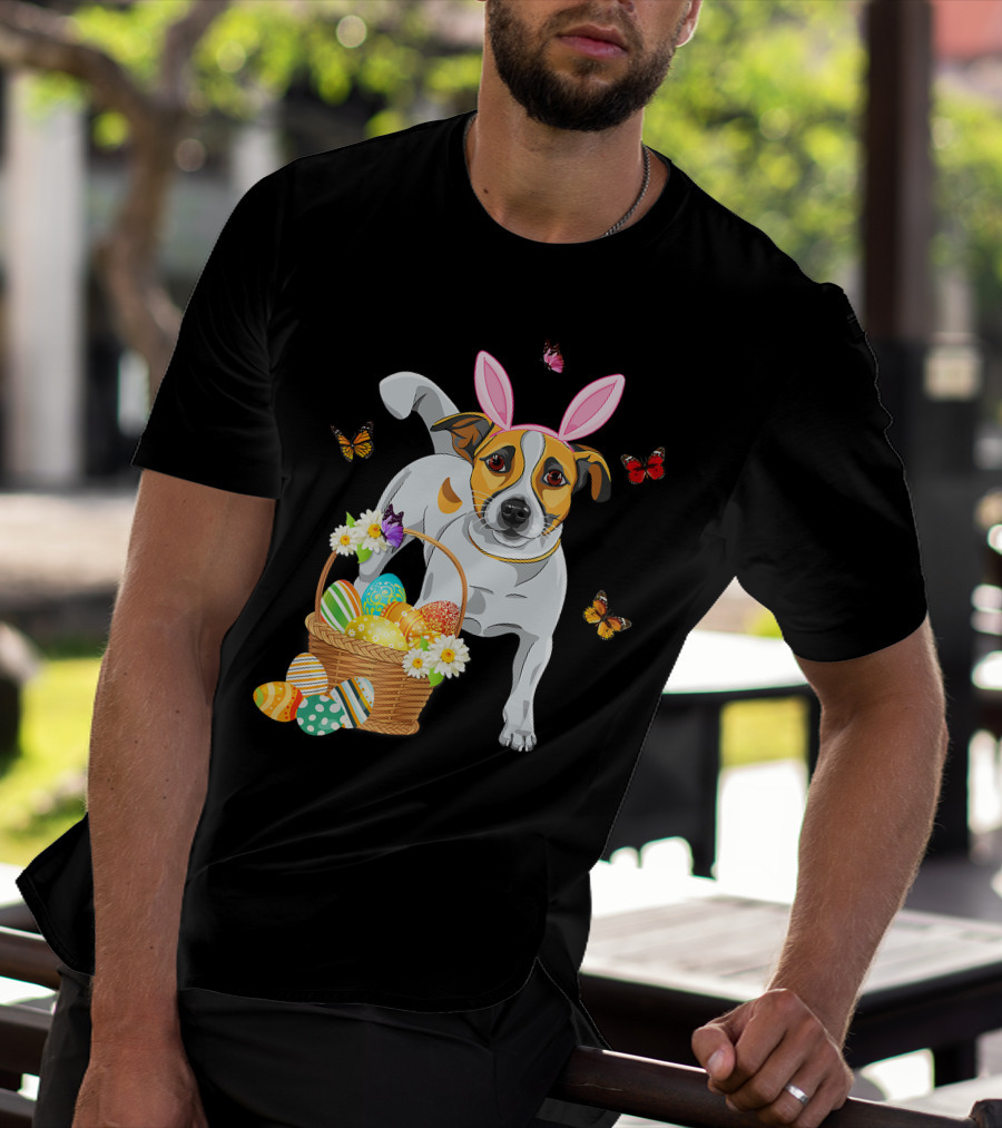 Cutes Jack Russell Bunny Ear With Butterflies And Easter Eggs In Basket T-Shirt