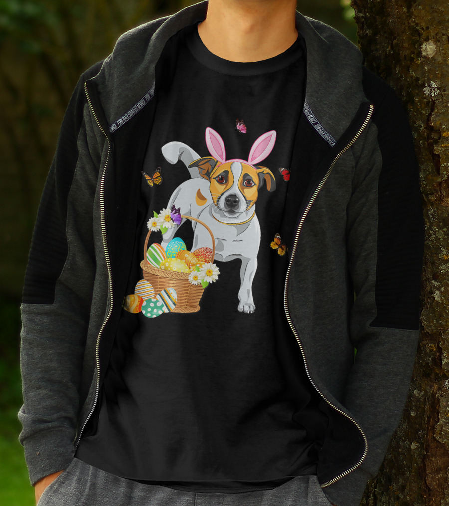 Cutes Jack Russell Bunny Ear With Butterflies And Easter Eggs In Basket T-Shirt