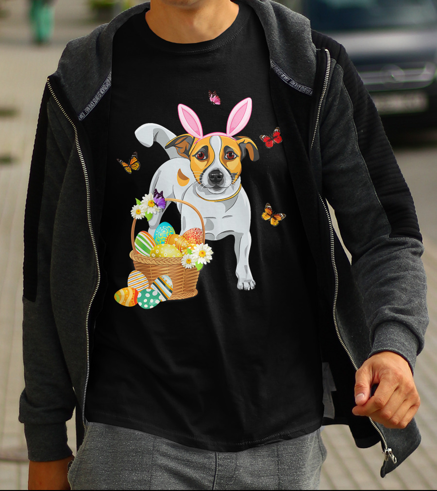 Cutes Jack Russell Bunny Ear With Butterflies And Easter Eggs In Basket T-Shirt