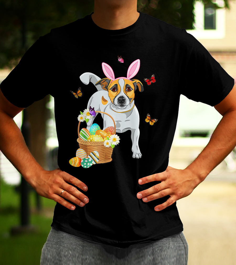 Cutes Jack Russell Bunny Ear With Butterflies And Easter Eggs In Basket T-Shirt