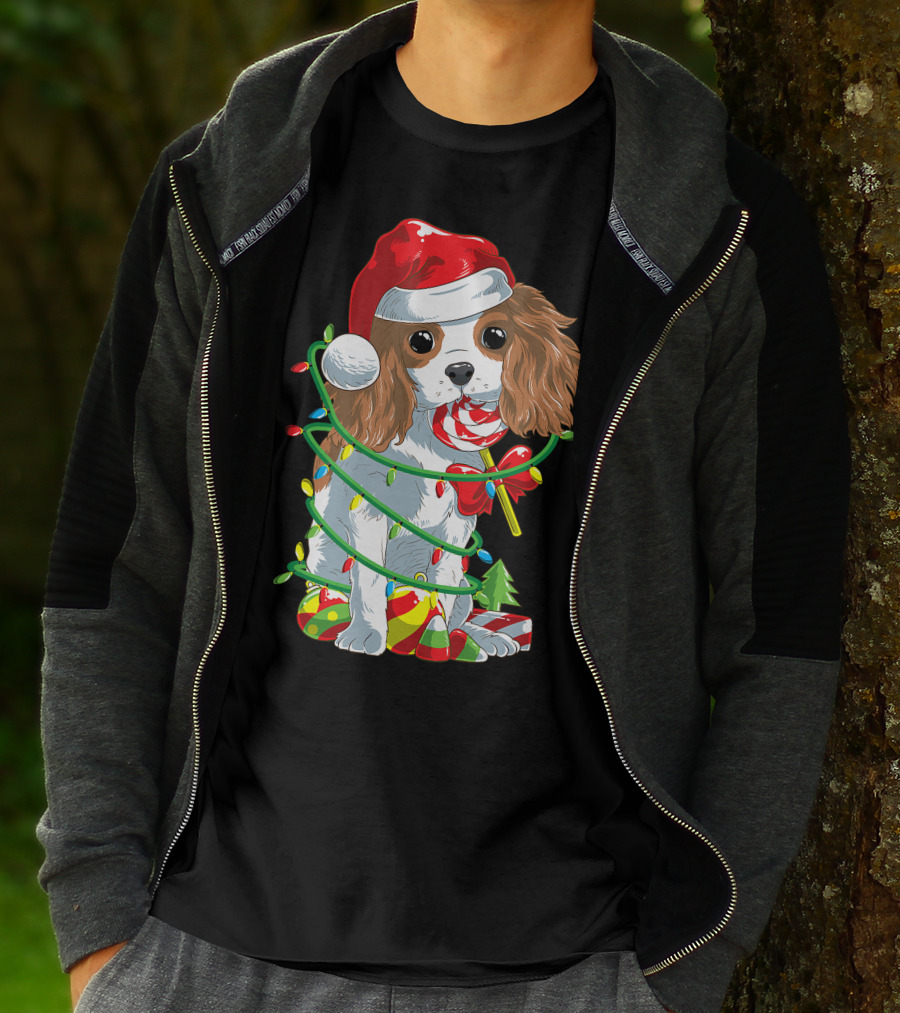 Cute Cavalier King Charles Spaniel Dog In Santa Hat With Christmas Lights And Candy Cane T-Shirt