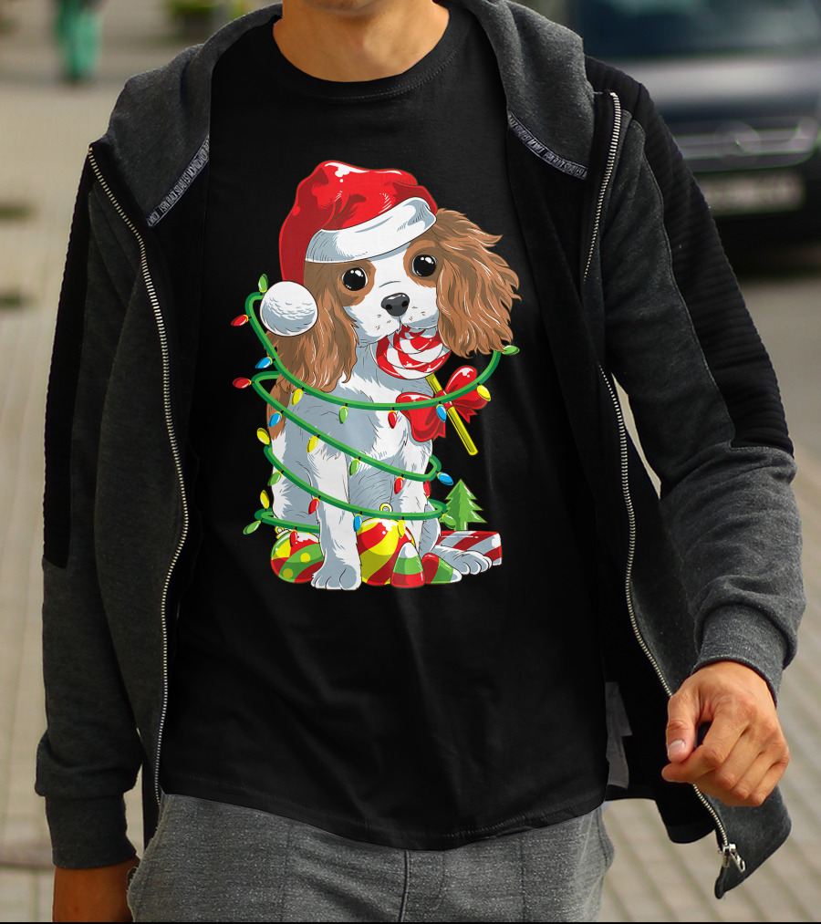 Cute Cavalier King Charles Spaniel Dog In Santa Hat With Christmas Lights And Candy Cane T-Shirt