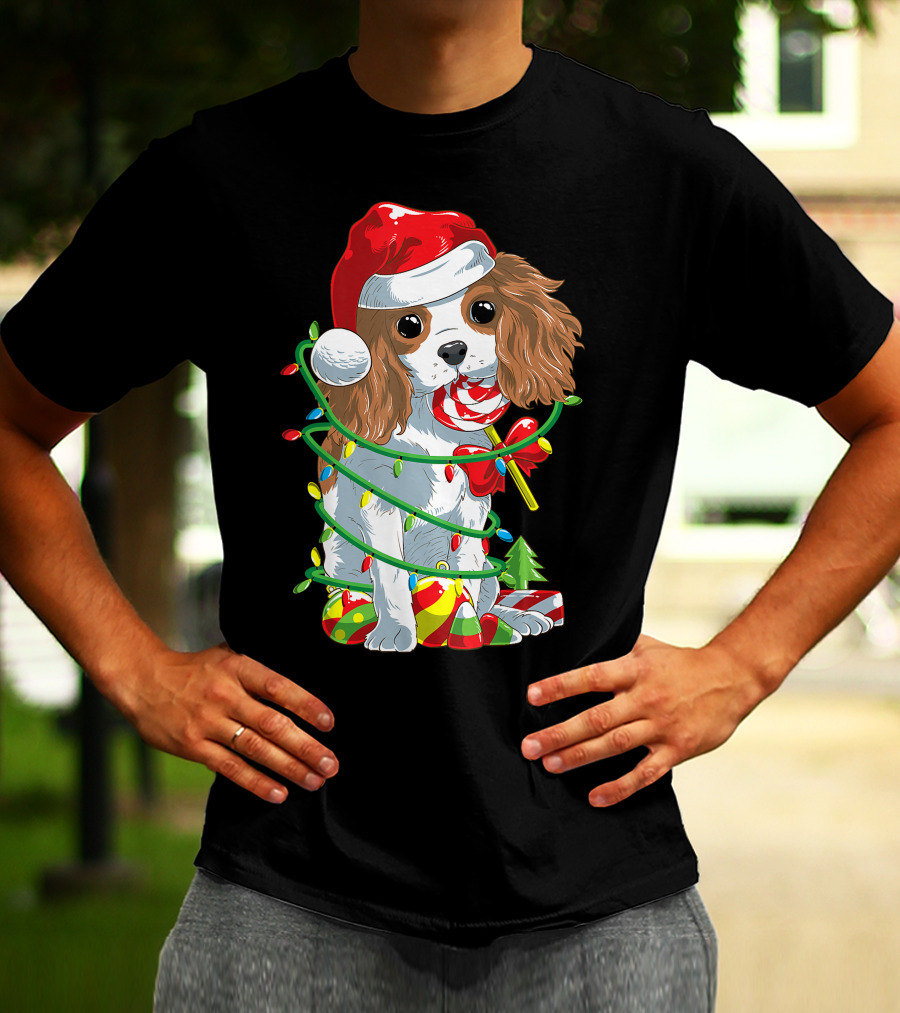 Cute Cavalier King Charles Spaniel Dog In Santa Hat With Christmas Lights And Candy Cane T-Shirt