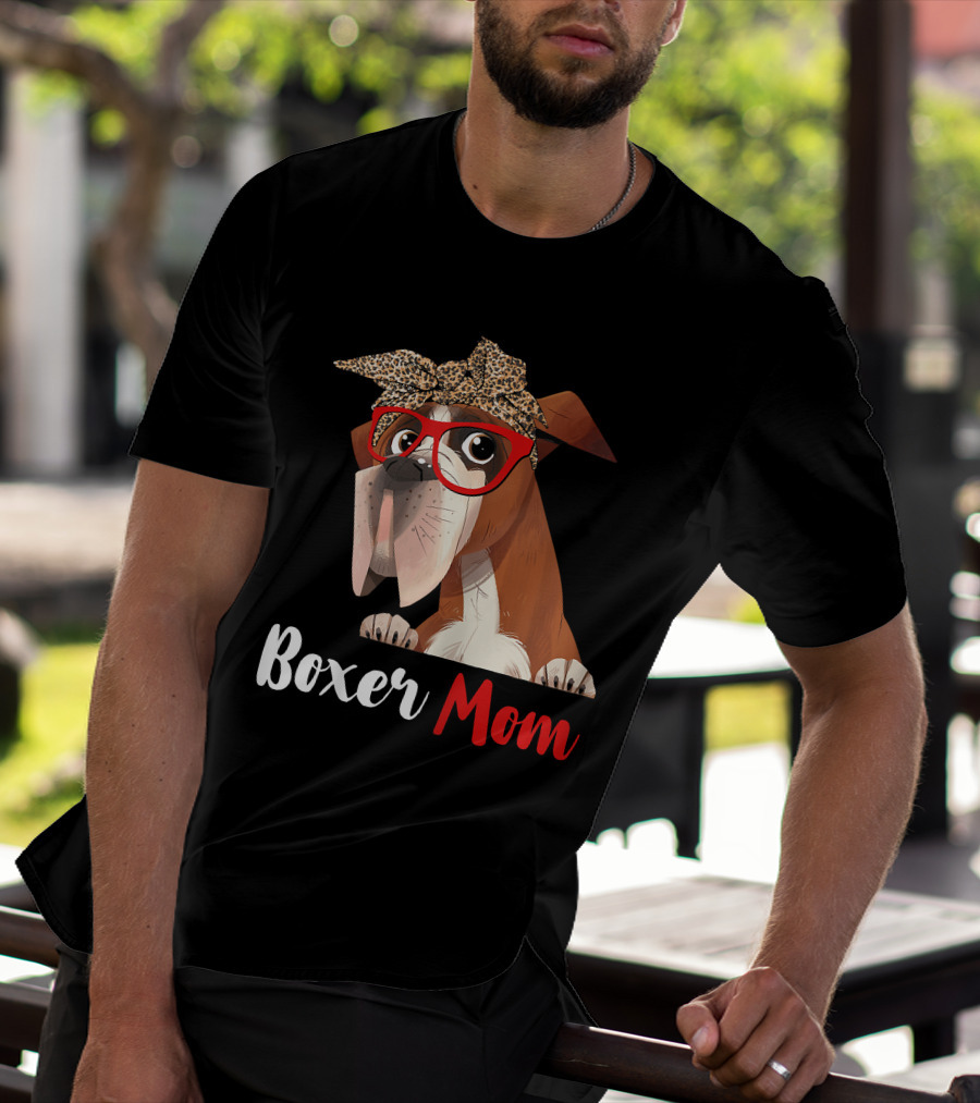Boxer Mom With Red Glasses And Leopard Headband For Dog Lovers T-Shirt
