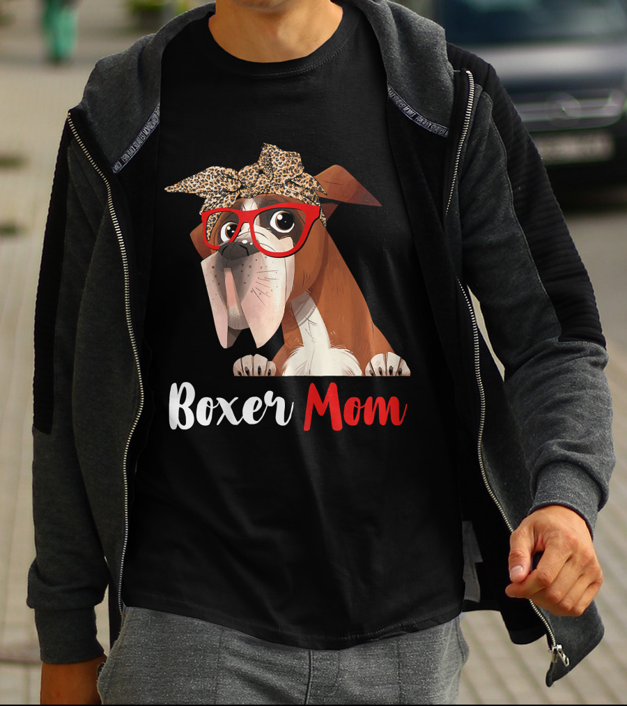 Boxer Mom With Red Glasses And Leopard Headband For Dog Lovers T-Shirt