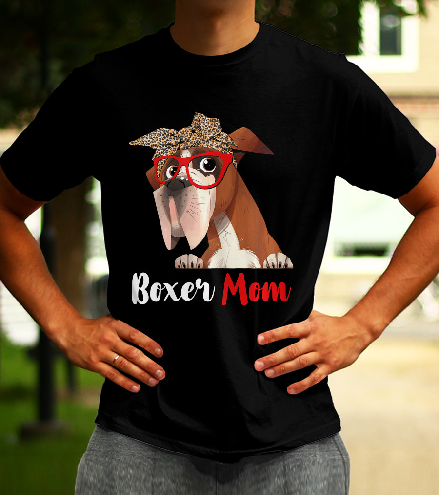 Boxer Mom With Red Glasses And Leopard Headband For Dog Lovers T-Shirt