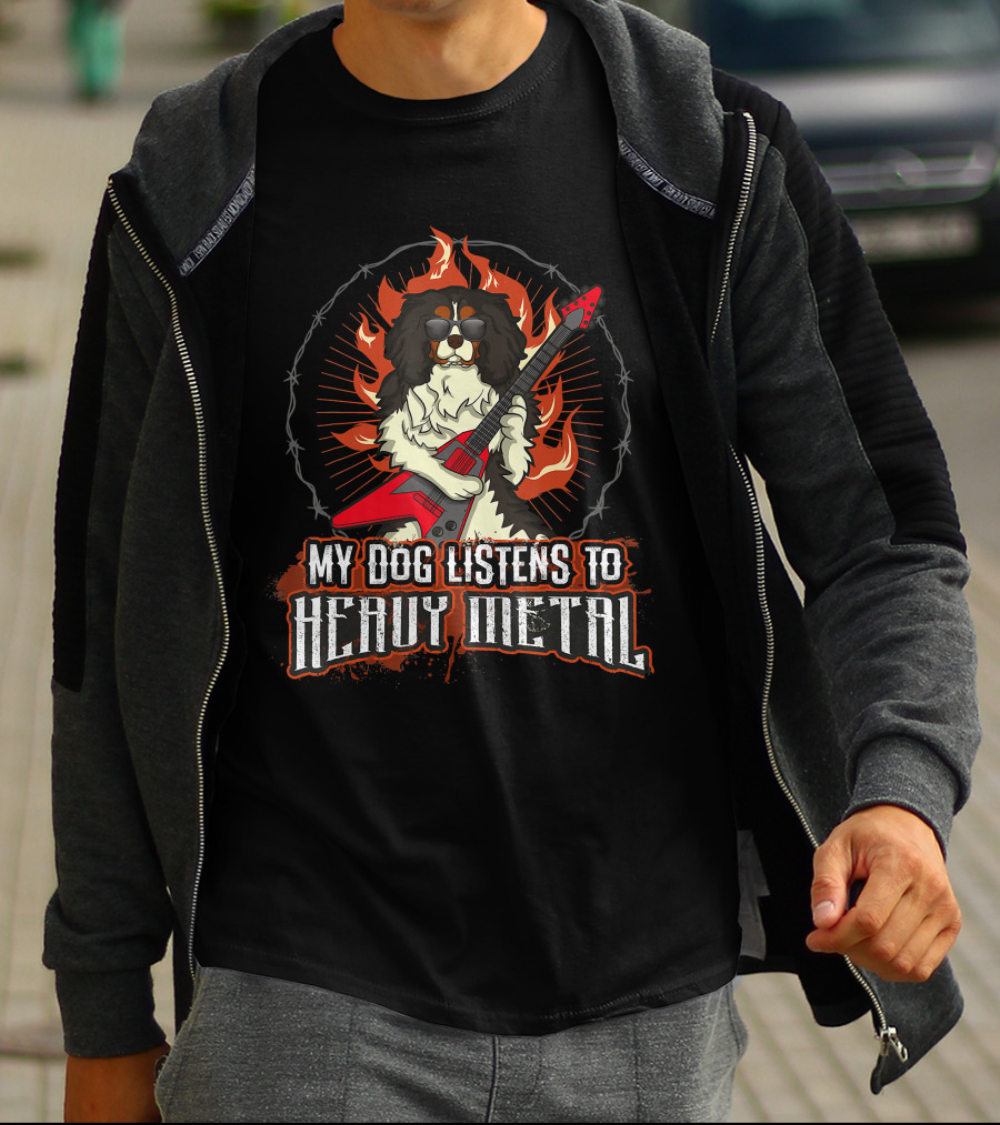 My Dog Listens To Heavy Metal Cavalier King Charles Spaniel Guitar Flames T-Shirt