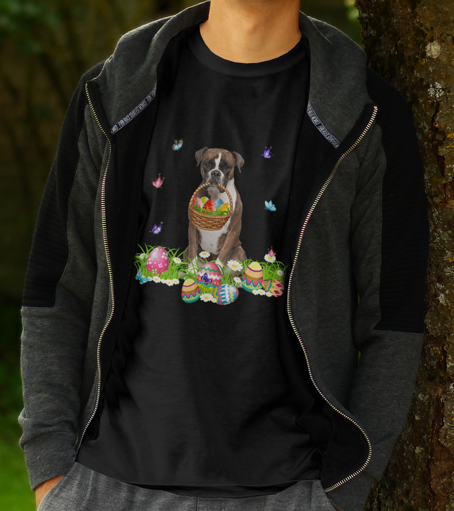 Boxer Dog Holding Easter Eggs Basket Surrounded By Butterflies And Flowers T-Shirt
