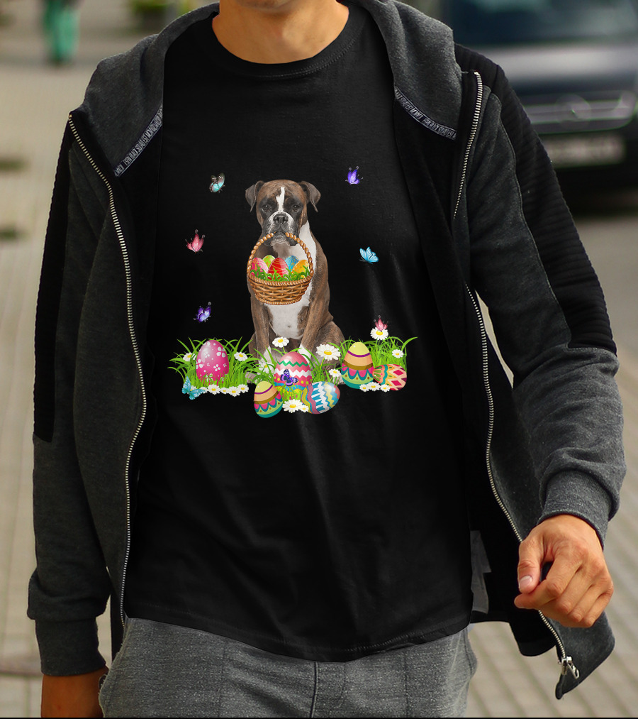 Boxer Dog Holding Easter Eggs Basket Surrounded By Butterflies And Flowers T-Shirt