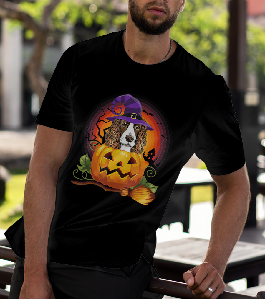 Dog Lover English Cocker Spaniel Witch Pumpkin Halloween Scene T-Shirt