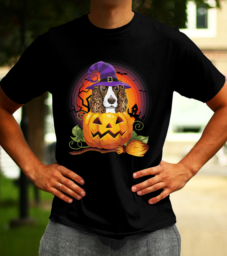 Dog Lover English Cocker Spaniel Witch Pumpkin Halloween Scene T-Shirt
