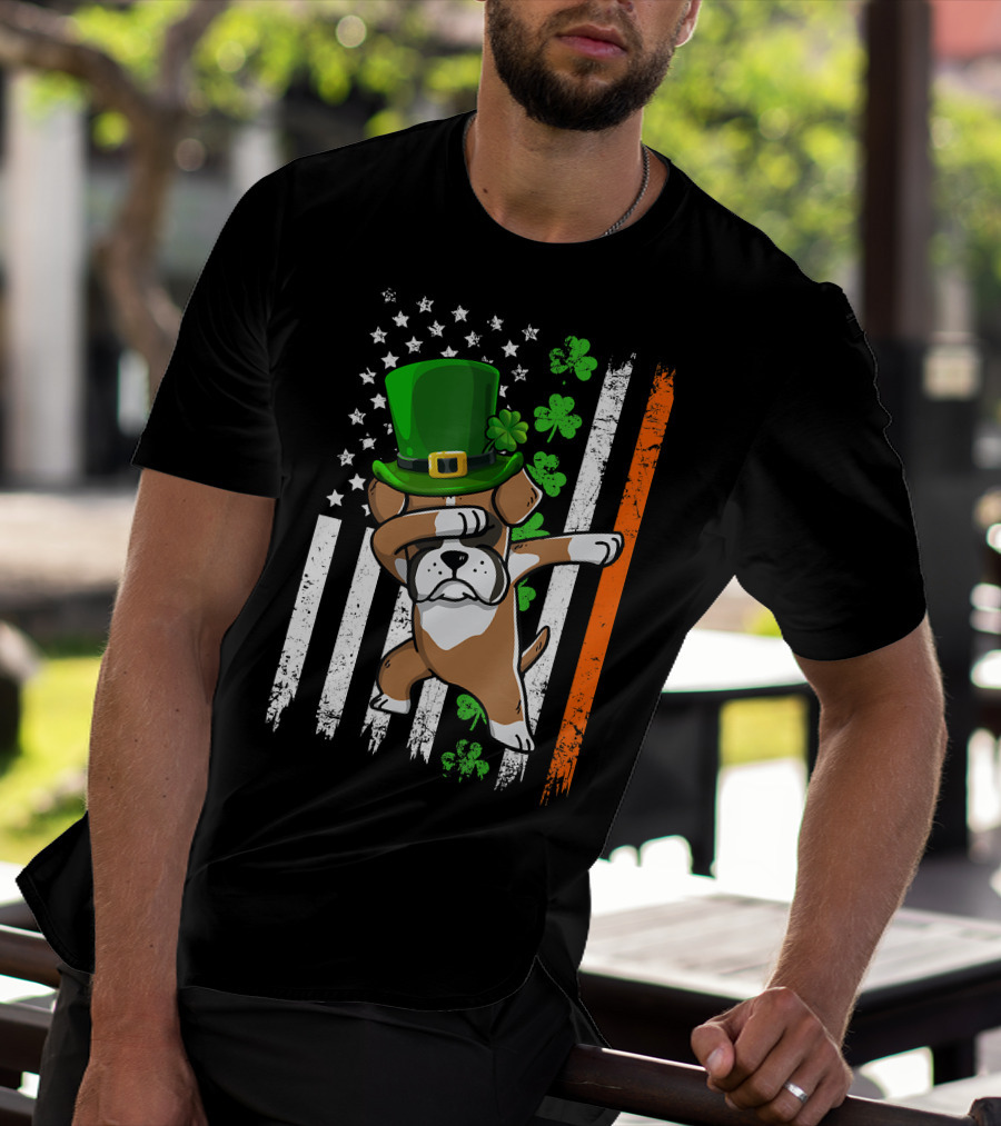Dabbing Boxer Dog Leprechaun Hat American Irish Flag T-Shirt