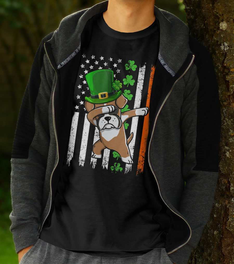 Dabbing Boxer Dog Leprechaun Hat American Irish Flag T-Shirt