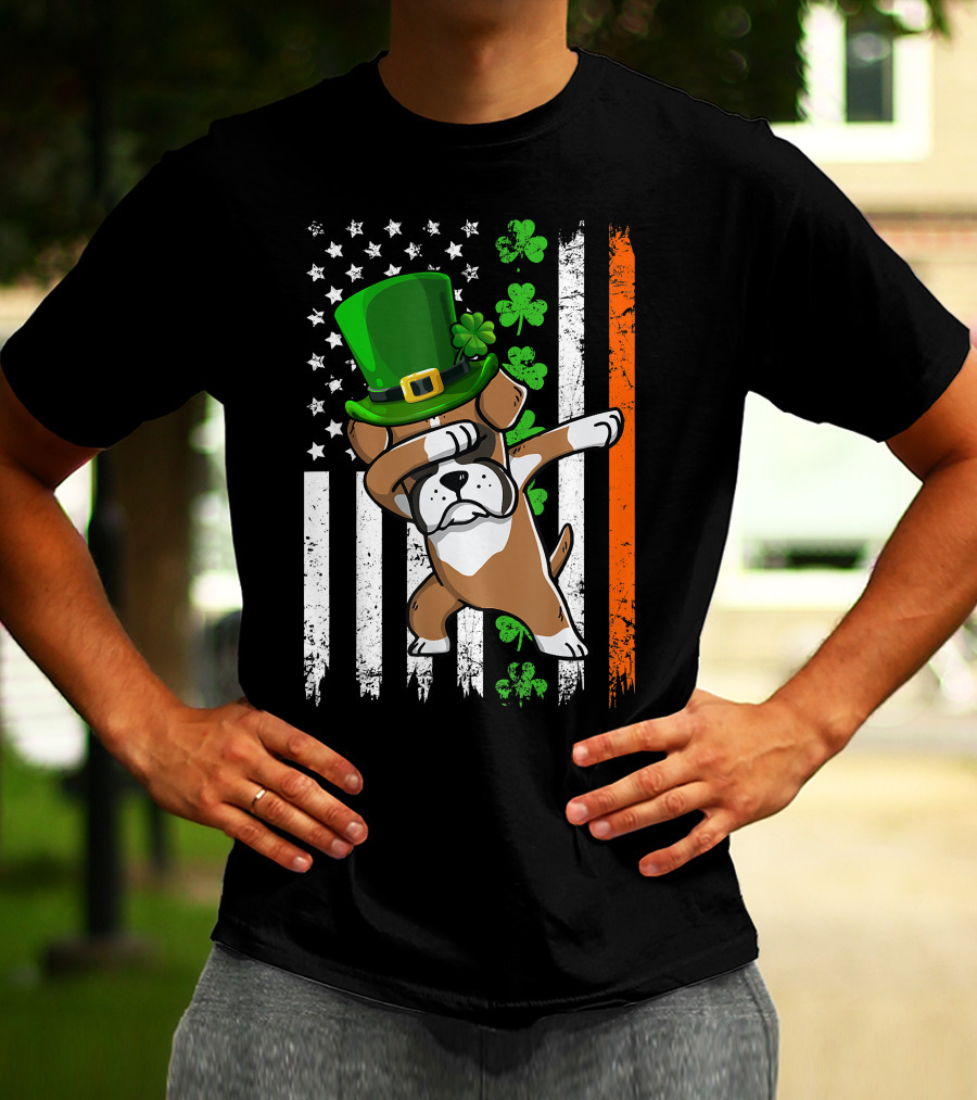 Dabbing Boxer Dog Leprechaun Hat American Irish Flag T-Shirt