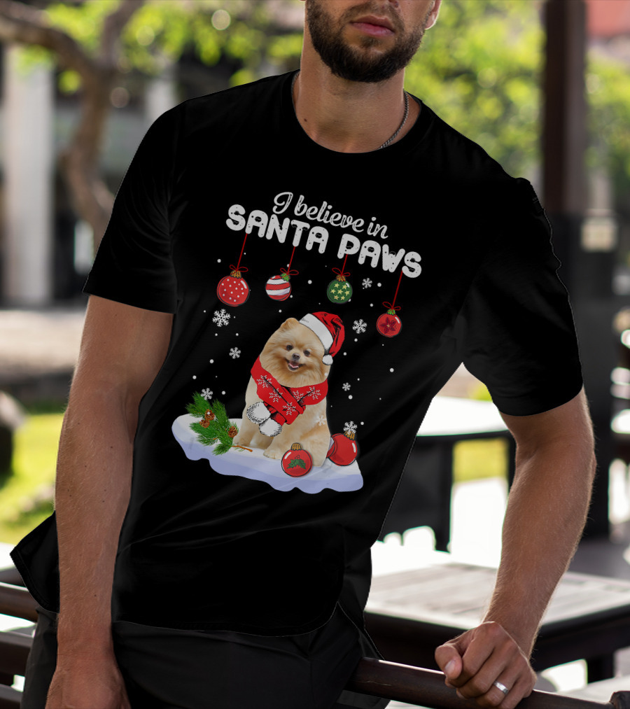 I Believe In Santa Paws Pomeranian Festive Christmas Ornaments Snowflakes T-Shirt