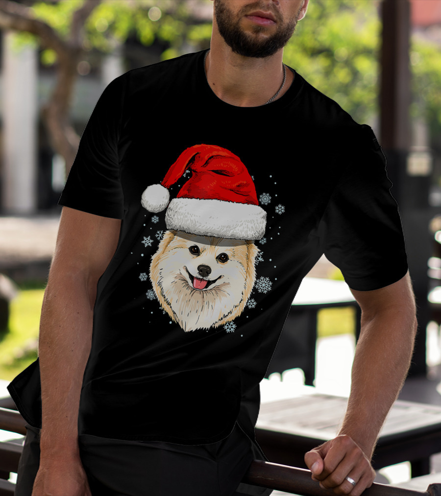 Pomeranian Santa Hat Snowflakes Christmas T-Shirt