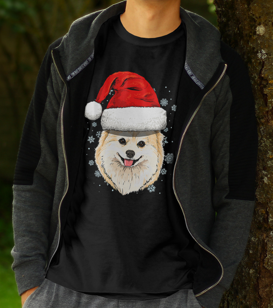 Pomeranian Santa Hat Snowflakes Christmas T-Shirt