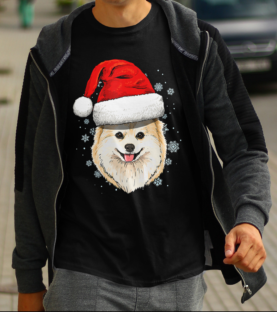 Pomeranian Santa Hat Snowflakes Christmas T-Shirt