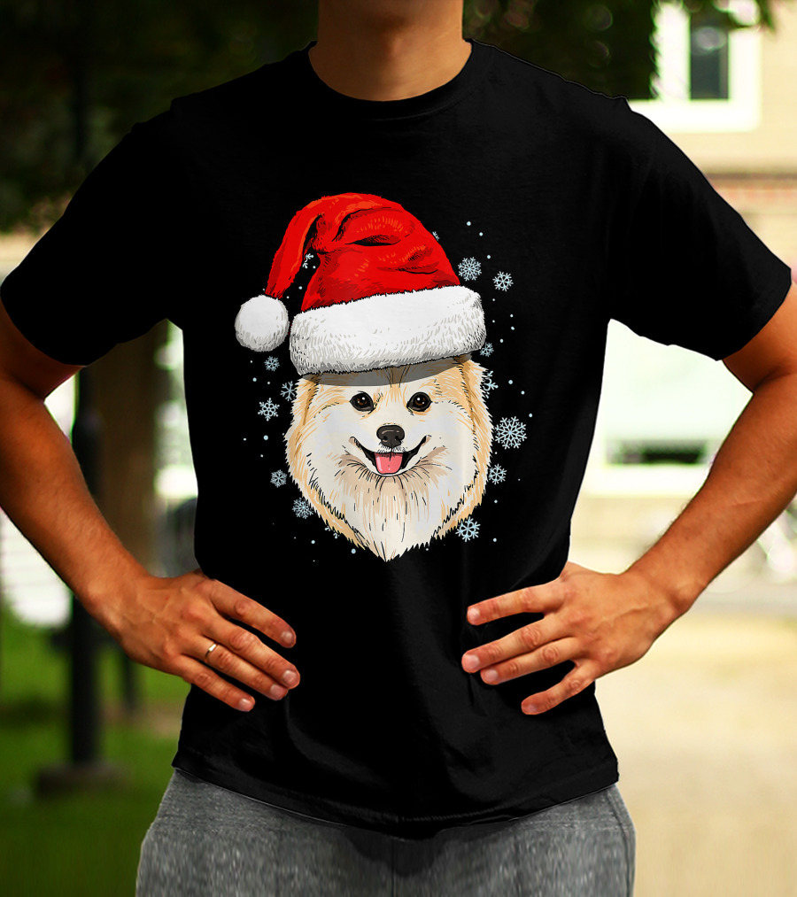 Pomeranian Santa Hat Snowflakes Christmas T-Shirt