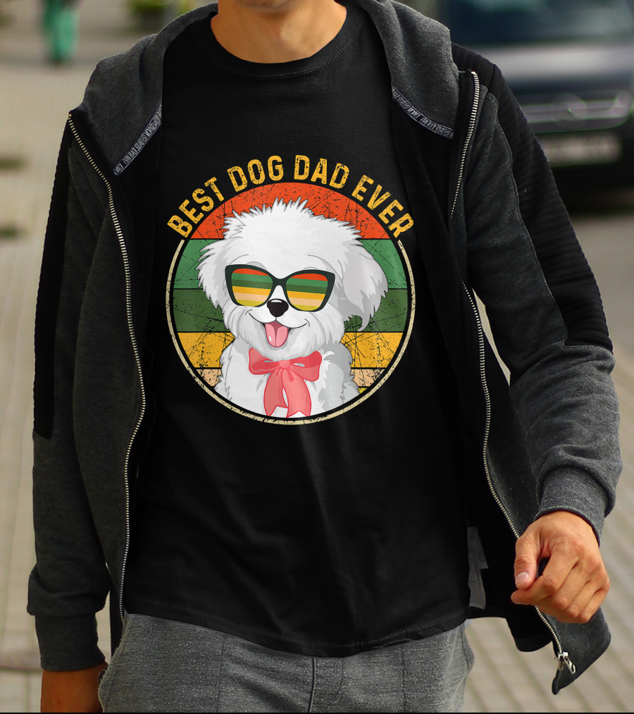 Best Dog Dad Ever Retro Vintage Maltese Sunglasses T-Shirt