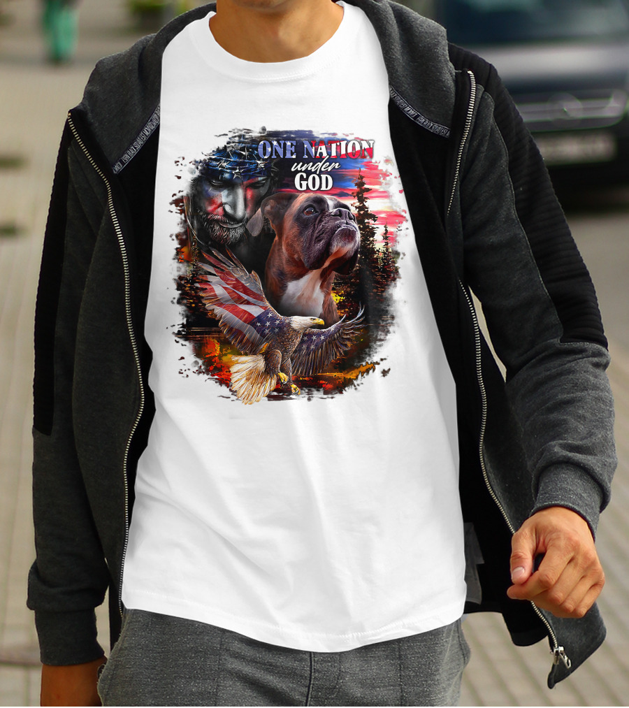 One Nation Under God Boxer With American Eagle And Flag Iconography T-Shirt