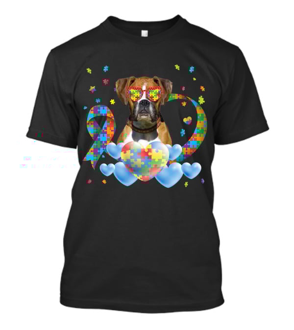 Boxer Dog Autism Awareness Heart Puzzle Ribbon Rainbow T-Shirt