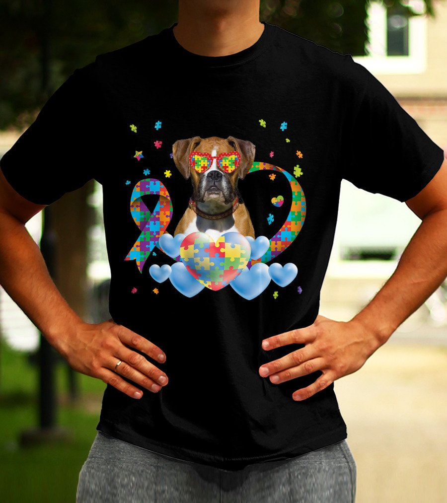 Boxer Dog Autism Awareness Heart Puzzle Ribbon Rainbow T-Shirt