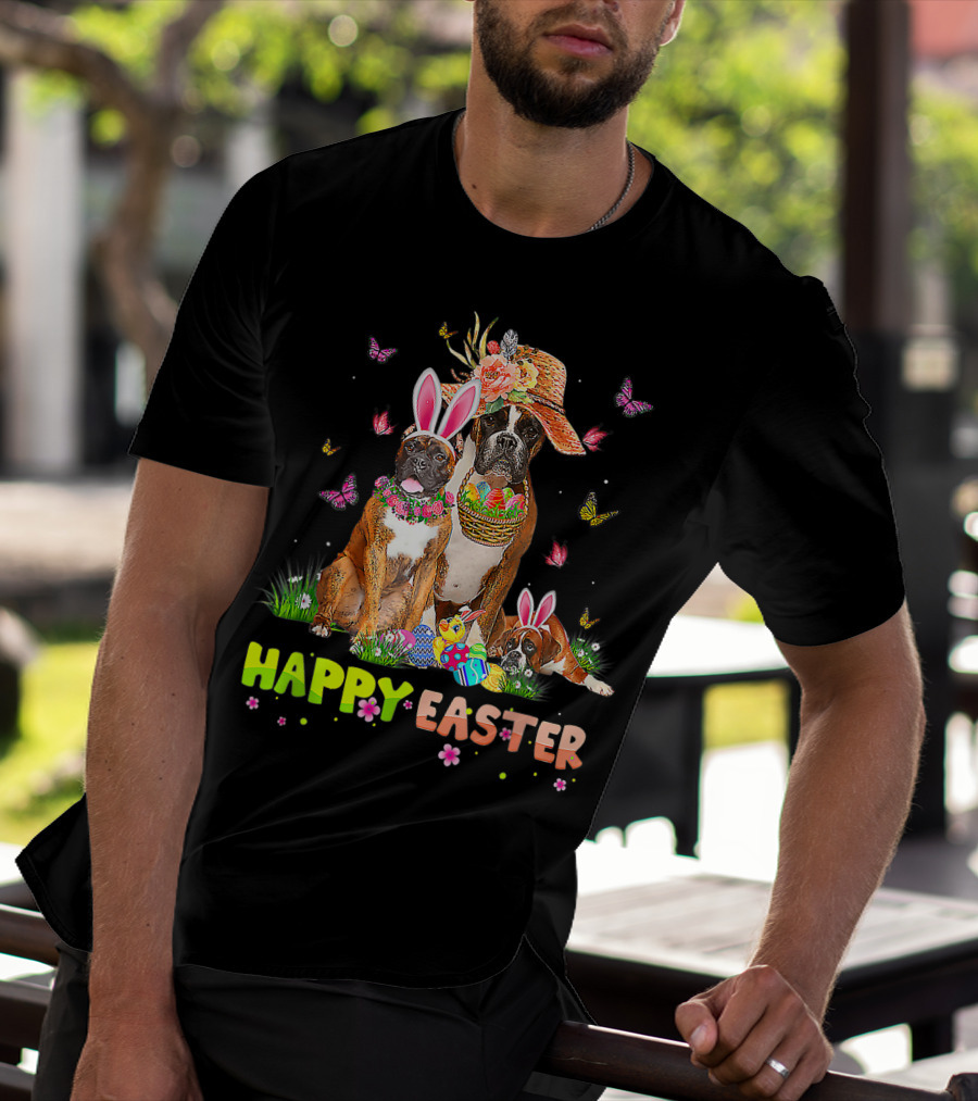 Happy Easter Boxer Dogs Bunny Ears Eggs And Butterflies T-Shirt