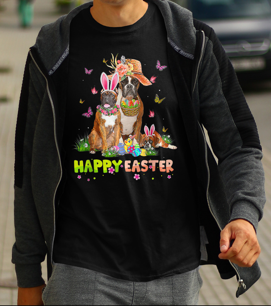 Happy Easter Boxer Dogs Bunny Ears Eggs And Butterflies T-Shirt