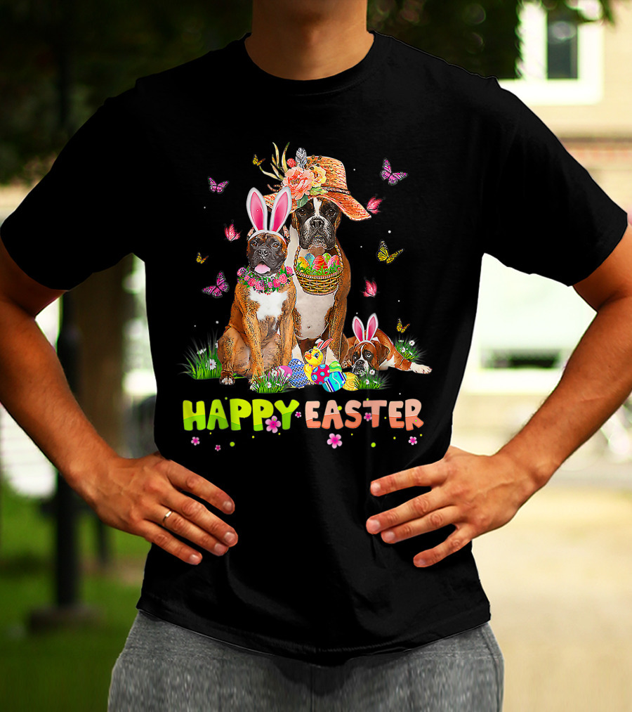 Happy Easter Boxer Dogs Bunny Ears Eggs And Butterflies T-Shirt