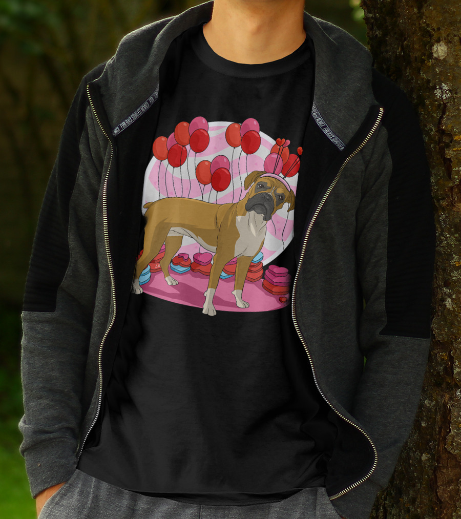 Boxer Dog With Heart Antlers And Balloons Valentine Decor T-Shirt