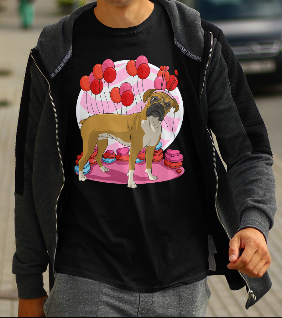Boxer Dog With Heart Antlers And Balloons Valentine Decor T-Shirt