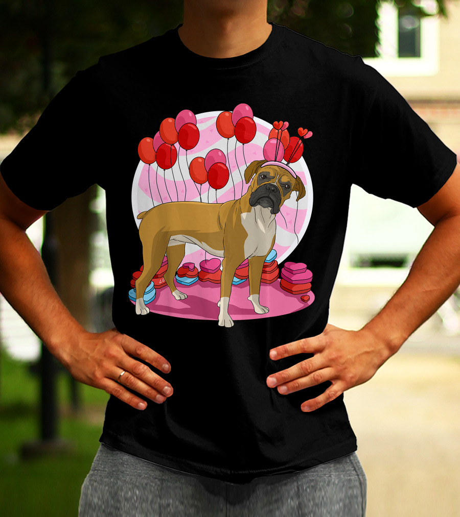 Boxer Dog With Heart Antlers And Balloons Valentine Decor T-Shirt
