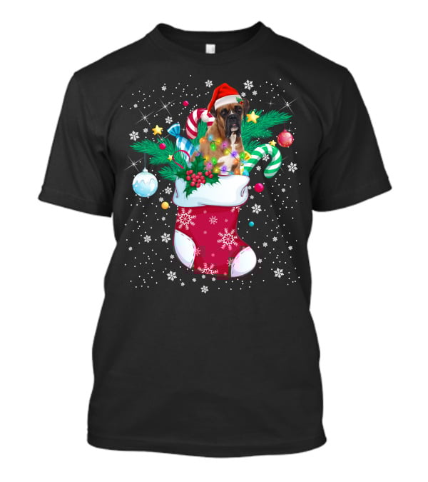 Boxer Dog In Santa Hat With Candy Canes In Christmas Stocking T-Shirt