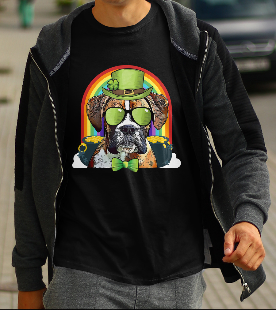 Boxer Dog Leprechaun Funny St Patricks Rainbow Hat Bow Tie Shamrocks T-Shirt