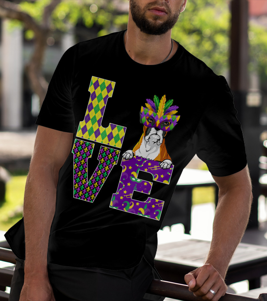 Boxer Dog Lover Mardi Gras Costume Mask Fleur De Lis Pattern Love T-Shirt