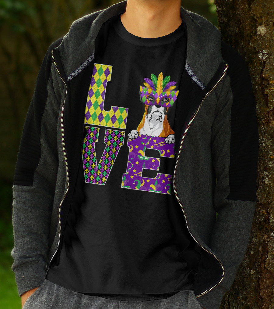 Boxer Dog Lover Mardi Gras Costume Mask Fleur De Lis Pattern Love T-Shirt