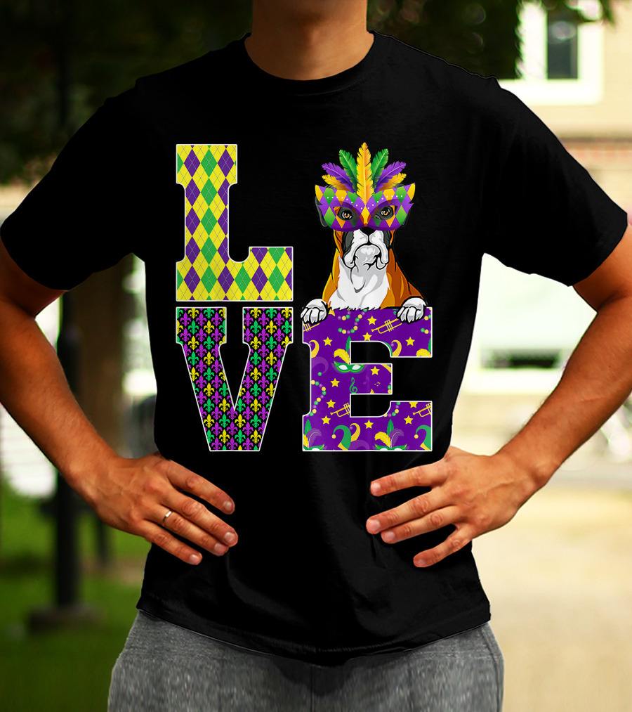 Boxer Dog Lover Mardi Gras Costume Mask Fleur De Lis Pattern Love T-Shirt