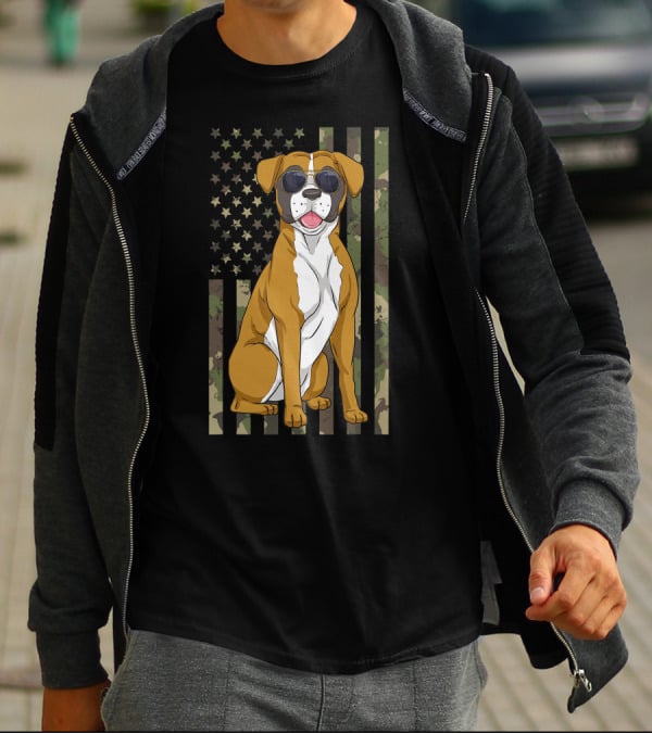 Boxer Dog Men Women Boxer Dad Mom Camo USA Flag Sunglasses T-Shirt