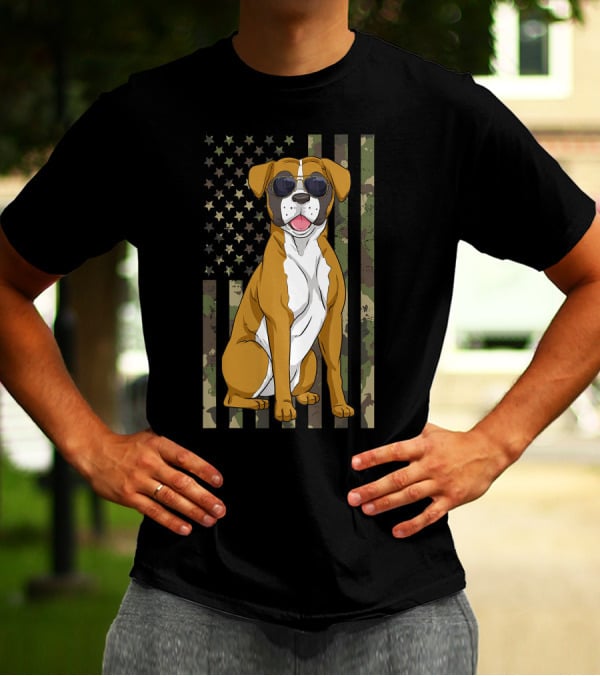 Boxer Dog Men Women Boxer Dad Mom Camo USA Flag Sunglasses T-Shirt