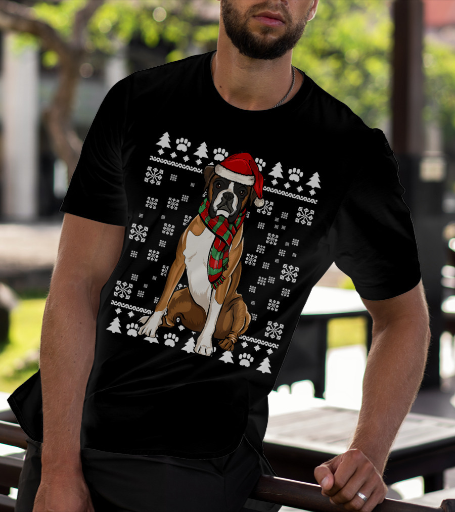 Boxer Dog Santa Hat Christmas Snowflakes Paw Prints Ugly T-Shirt