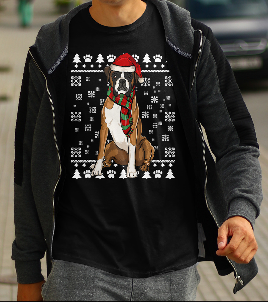 Boxer Dog Santa Hat Christmas Snowflakes Paw Prints Ugly T-Shirt
