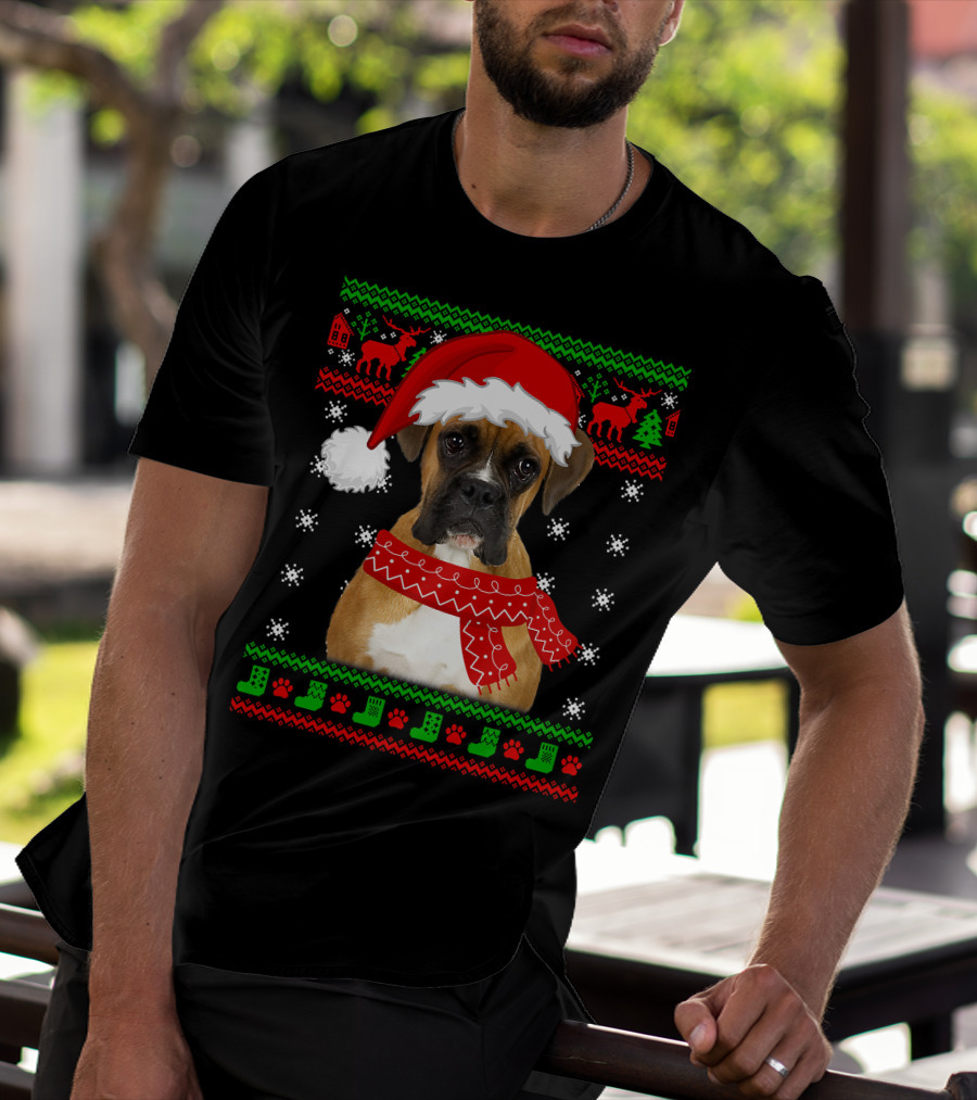 Boxer Dog Christmas Puppy Ugly Sweater Santa Hat Reindeer Snowflakes T-Shirt