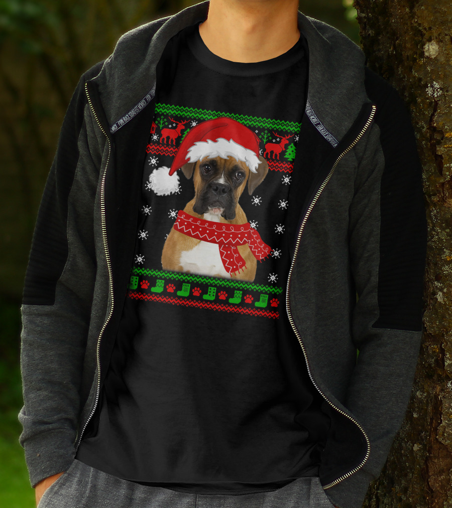 Boxer Dog Christmas Puppy Ugly Sweater Santa Hat Reindeer Snowflakes T-Shirt