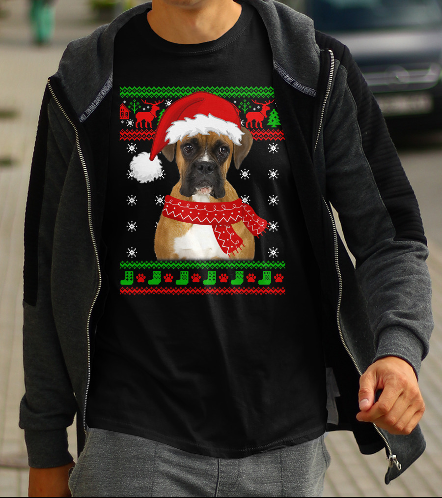 Boxer Dog Christmas Puppy Ugly Sweater Santa Hat Reindeer Snowflakes T-Shirt