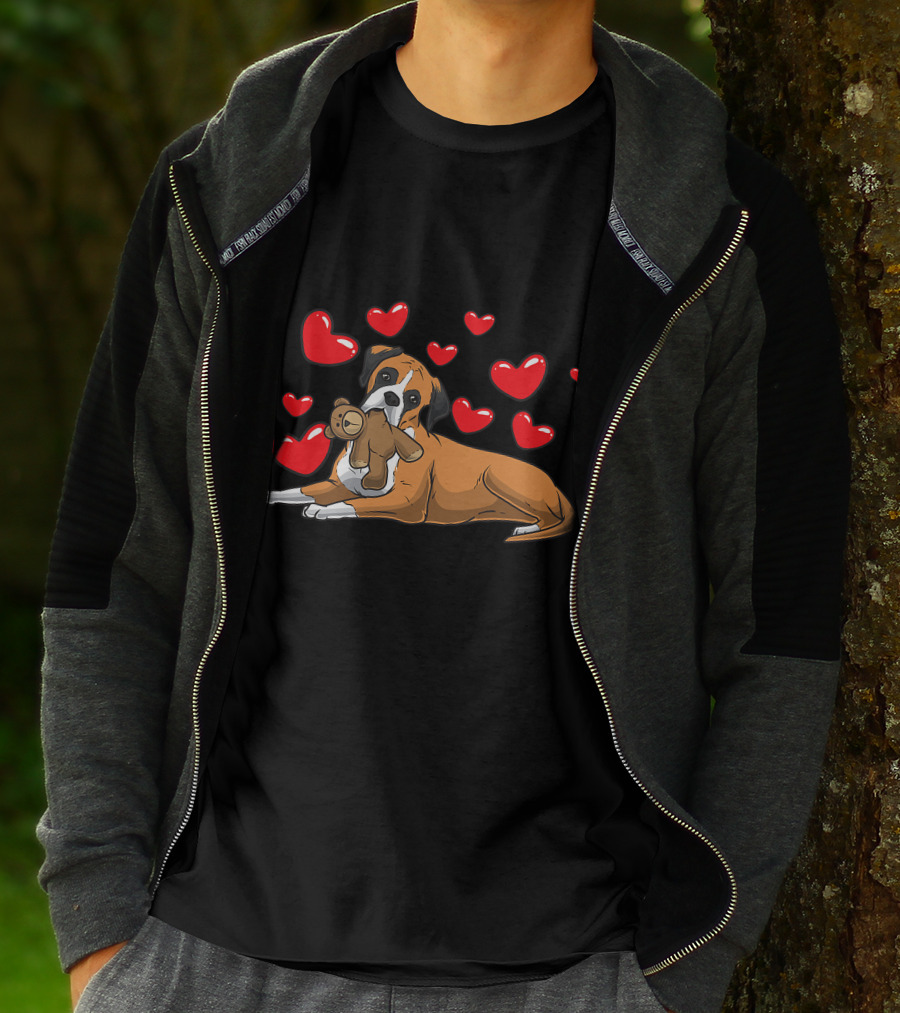 Boxer Dog Cuddling Teddy Bear Surrounded By Red Hearts T-Shirt