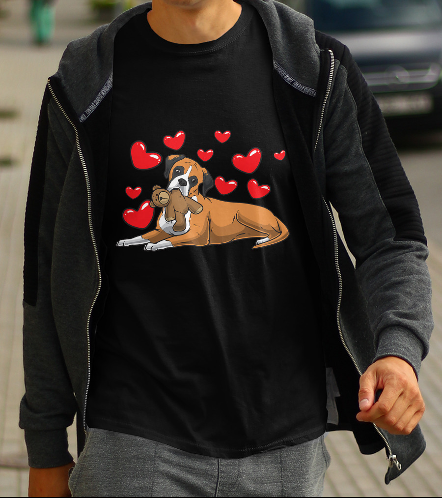 Boxer Dog Cuddling Teddy Bear Surrounded By Red Hearts T-Shirt