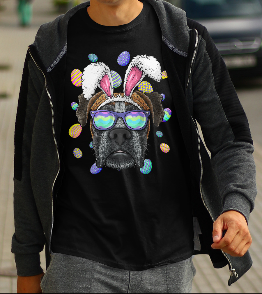 Boxer Dog With Bunny Ears And Sunglasses Surrounded By Colorful Easter Eggs T-Shirt