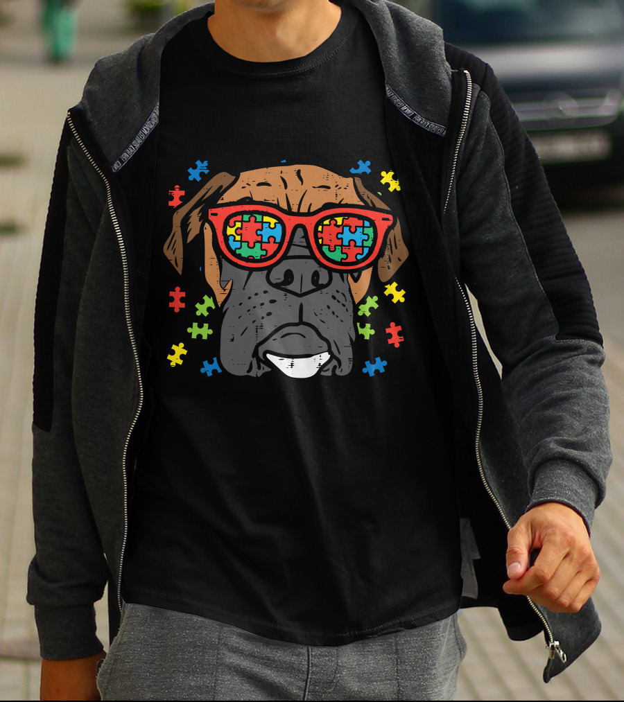 Boxer Face With Puzzle Glasses For Autism Awareness T-Shirt