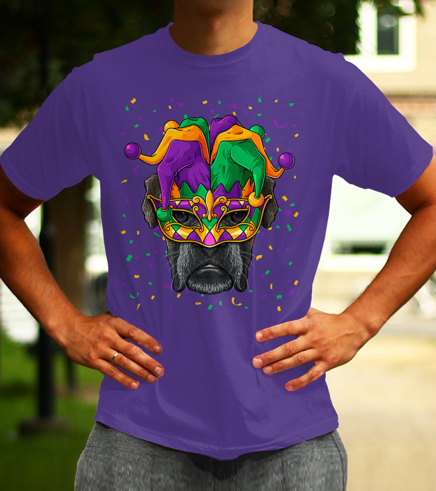 Carnival King Boxer Dog Wearing Jester Mask With Confetti T-Shirt